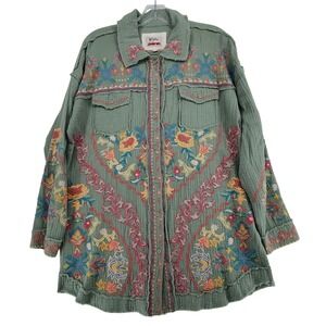 Johnny Was Biya S Green Embroidered Cotton Gauze Boho Peasant Button Down Shirt